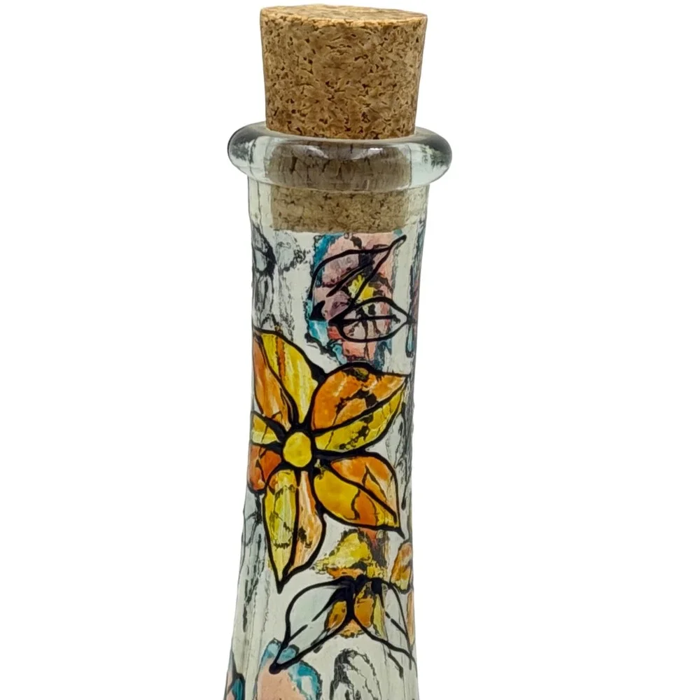 Hand Painted Floral Glass Bottle Home DecorCork Stopper England Artisanal 10in